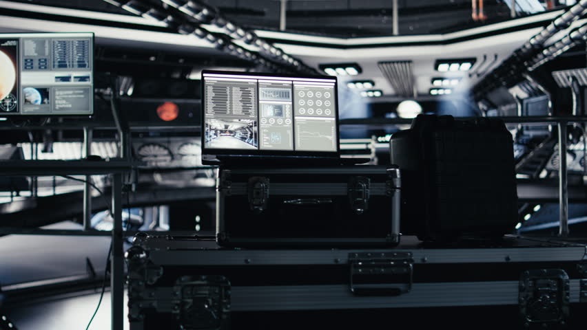 Laptop inside high tech spaceship cockpit displaying Mars planetary surface analytics. Notebook in orbit station shows performance dashboard during cosmic journey to red planet - Powered by Shutterstock - Get 15% off with code: PIKWIZARD15