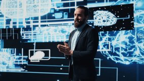 Technician specialist making AI brain neural networks business pitch at a tech convention, hosting a live conference to discuss about deep learning benefits. Business technology growth. Camera A. - Powered by Shutterstock - Get 15% off with code: PIKWIZARD15