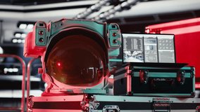 Critical error alert light flashing in spacecraft over space helmet next to laptop during journey to Mars. Malfunction hazard warning blinking over astronaut equipment during voyage to red planet - Powered by Shutterstock - Get 15% off with code: PIKWIZARD15