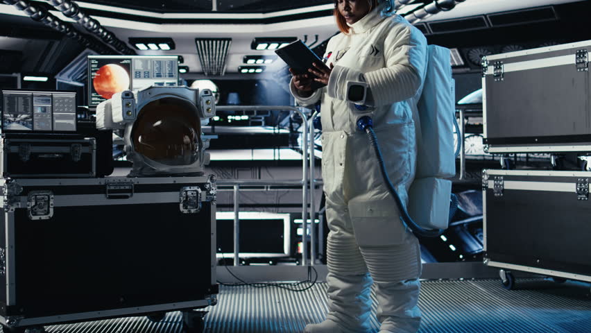 Female astronaut in spacesuit checks human expansion in space mission data on tablet inside spacecraft. Woman in starship prepares for expedition supporting long term mankind survival, camera A