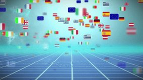 On hover cluster of European flags drifting rotating weaving in 3D render across grid showing unity. Digital, futuristic, abstract, harmony, connectivity, technology, motion - Powered by Shutterstock - Get 15% off with code: PIKWIZARD15