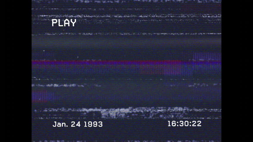 VHS playback simulating glitching static overlaying PLAY text Jan.24 1993 date time codes advancing. Retro, analog, distortion, vintage, broadcast, digital, interference