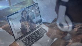 Remote worker starting laptop call with team lead explaining project using floating cloud graphics. Collaboration, remote, technology, communication, digital, professional, workspace - Powered by Shutterstock - Get 15% off with code: PIKWIZARD15