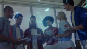 Business team around office table noticing data lines forming rotating globe analyzing connections. Collaboration, teamwork, innovation, digital, networking, technology, futuristic - Powered by Shutterstock - Get 15% off with code: PIKWIZARD15