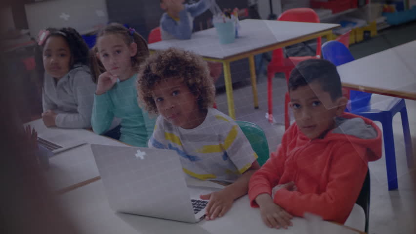Curly boy shifting and glancing at teacher activating transparent hologram enriching lesson. Technology, education, innovation, digital, classroom, youthful, interactive - Powered by Shutterstock - Get 15% off with code: PIKWIZARD15