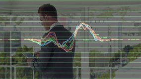 Business analyst stepping onto balcony and tapping tablet, animating colored line charts over city. Analytics, technology, data visualization, urban, professional, modern, finance - Powered by Shutterstock - Get 15% off with code: PIKWIZARD15