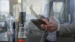 Businesswoman swiping smartphone and tablet in office while financial grids animating for insight. Technology, finance, digital, data, innovation, professionalism, corporate - Powered by Shutterstock - Get 15% off with code: PIKWIZARD15