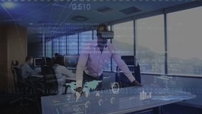 Leaning forward at office table, man donning VR headset manipulating 3D map for tech presentation. Technology, innovation, futurism, data visualization, collaboration, executive, digital - Powered by Shutterstock - Get 15% off with code: PIKWIZARD15