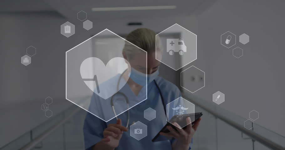 Female healthcare worker lifting hand and tapping tablet showing medical icons while reviewing data. Medical, technology, futuristic, healthcare, digital, professional, innovation