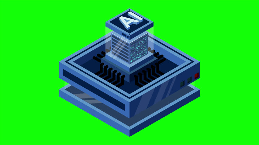 Artificial intelligence micro chip animation. Quantum computing. Artificial intelligence computer. Isometric machine programming. 4K video animated in isometric style