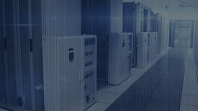 Steady camera holding server cabinets initiating glowing binary stream drifting showing data flow. Technology, data, cybersecurity, digital, network, futuristic, infrastructure - Powered by Shutterstock - Get 15% off with code: PIKWIZARD15