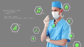 Physician hovering finger near green recycling icon and selecting hex icons for analysis. Medical, technology, digital, healthcare, data, innovation, science - Powered by Shutterstock - Get 15% off with code: PIKWIZARD15