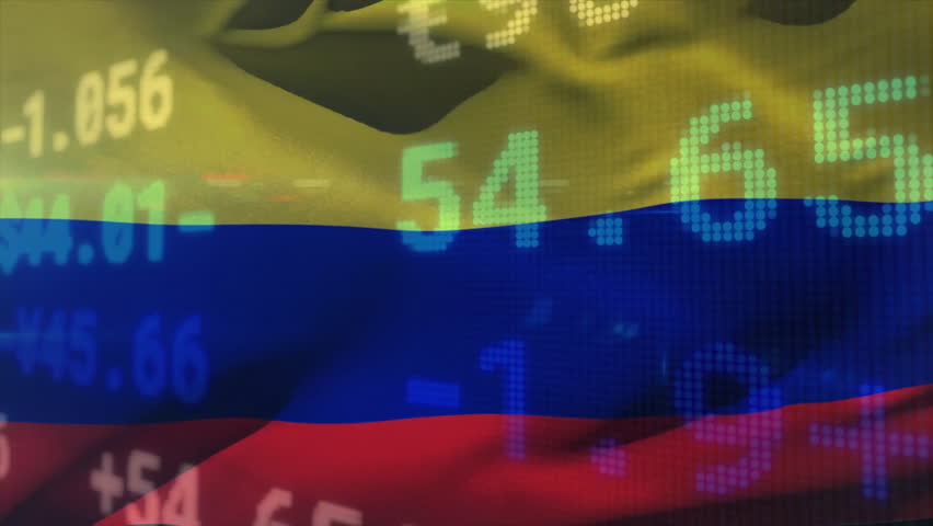 Waving Colombian flag initiating values sliding and fading across stripes representing market data. Patriotism, finance, digital, motion, symbolism, economy, technology