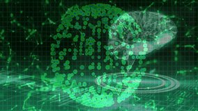 Grid emerging, orb forming with rotating brain, ring pulsing and network flashing for neural map. Hologram, data visualization, futuristic, cyberpunk, abstract, innovation, technology - Powered by Shutterstock - Get 15% off with code: PIKWIZARD15