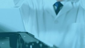 Senior scientist lifting yellow vial and inserting into instrument analyzing world map data overlay. Laboratory, research, technology, data, analysis, innovation, science - Powered by Shutterstock - Get 15% off with code: PIKWIZARD15