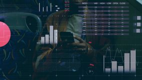 Female commuter retrieving device and tapping financial data on bus as transparent charts shifting. Urban transit, data visualization, technology, commuting, contemporary, analysis, wearable devices - Powered by Shutterstock - Get 15% off with code: PIKWIZARD15