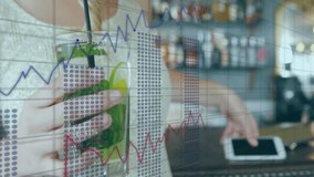woman holding smartphone sipping cocktail while camera lingering animating finance data over bar. Technology, finance, data visualization, digital, lifestyle, hospitality, sophistication - Powered by Shutterstock - Get 15% off with code: PIKWIZARD15