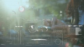 Woman tapping smartphone by sunlit trees and activating spinning globe showing technology analytics. Technology, innovation, connectivity, data visualization, futuristic, digital interface, outdoor - Powered by Shutterstock - Get 15% off with code: PIKWIZARD15