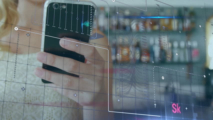 woman holding smartphone and green drink scanning bar shelves overlay and placing phone on POS. Futuristic, technology, consumer, digital, modern, beverage, analysis