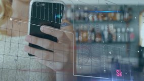 woman holding smartphone and green drink scanning bar shelves overlay and placing phone on POS. Futuristic, technology, consumer, digital, modern, beverage, analysis - Powered by Shutterstock - Get 15% off with code: PIKWIZARD15