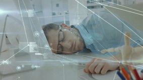 Time progressing causing tech holographic data network visuals drifting around sleeping man at desk. Futuristic, technology, relaxation, productivity, innovative, workspace, dynamic - Powered by Shutterstock - Get 15% off with code: PIKWIZARD15