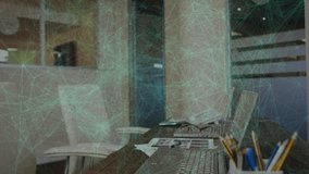 Network overlay pulsing and fading over table on start, tools emerging to reveal workspace. Technology, innovation, modern, professional, productivity, creative, digital - Powered by Shutterstock - Get 15% off with code: PIKWIZARD15