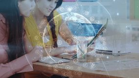 Two women tapping tablet for tech data analysis as holographic globe fading into view, man entering. Collaboration, innovation, technology, teamwork, digital, communication, modern - Powered by Shutterstock - Get 15% off with code: PIKWIZARD15