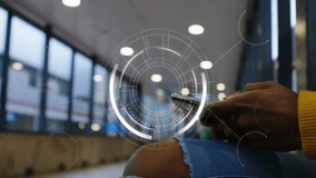 Commuter tapping smartphone on bench animating holographic interface for tech data processing. Futuristic, technology, urban, interface, mobile, innovation, modern - Powered by Shutterstock - Get 15% off with code: PIKWIZARD15