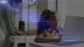 Girl typing on laptop causing binary code intensifying, mother guiding boy on tablet in home study. Technology, education, family, digital, focus, learning, innovation - Powered by Shutterstock - Get 15% off with code: PIKWIZARD15