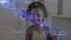 frames moving starting binary overlays sliding while girl smiling in school hall showing edtech. Education, technology, innovation, classroom, youth, digital, collaboration - Powered by Shutterstock - Get 15% off with code: PIKWIZARD15