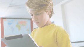 Boy holding tablet, tapping screen and loading animated user list and code console for tech demo. Children, education, technology, digital learning, coding, interface, innovation - Powered by Shutterstock - Get 15% off with code: PIKWIZARD15