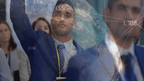 Corporate attendee lifting hand after globe appearing, enhancing global data visualization. Professional, networking, presentation, innovation, digital, corporate, conference - Powered by Shutterstock - Get 15% off with code: PIKWIZARD15