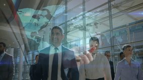 Tech team walking reacting to map overlay fading in and leader touching globe boosting global links. Technology, innovation, connectivity, corporate, futuristic, collaboration, data - Powered by Shutterstock - Get 15% off with code: PIKWIZARD15