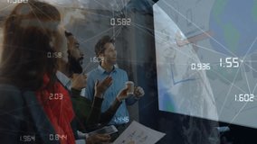 Presenter pointing slide urging team consulting tech network schematic while globe overlay growing. Collaboration, data, analytics, technology, professional, innovation, teamwork - Powered by Shutterstock - Get 15% off with code: PIKWIZARD15