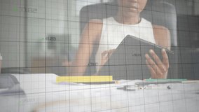 Tablet tapping initiating financial chart animations, woman navigating rising green graphs at desk. Technology, analytics, innovation, digital, data, productivity, business - Powered by Shutterstock - Get 15% off with code: PIKWIZARD15