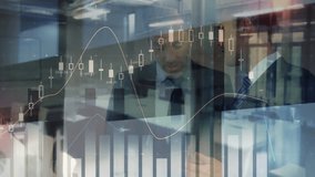 Senior leader tapping tablet triggers bar chart overlay guiding junior analyzing market data. Business, finance, analytics, corporate, teamwork, digital, professional - Powered by Shutterstock - Get 15% off with code: PIKWIZARD15