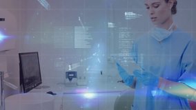 Nurse adjusting mask gloving and activating tablet overlaying code and data charts peaking values. Medical, technology, digital, healthcare, analysis, innovation, data - Powered by Shutterstock - Get 15% off with code: PIKWIZARD15