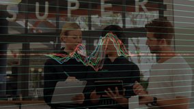 Kitchen staff under SUPER sign in cafe, tilting tablet revealing animated graph and jotting notes. Collaboration, teamwork, modern, professional, technology, communication, productivity - Powered by Shutterstock - Get 15% off with code: PIKWIZARD15