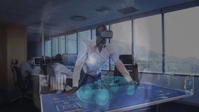 Engineering lead placing VR headset, leaning on hologram table generating wireframe car with charts. Virtual reality, holography, digital interface, high-tech, collaboration, innovation, futuristic - Powered by Shutterstock - Get 15% off with code: PIKWIZARD15