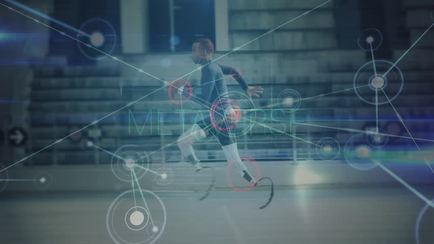 Teenage athlete starting sprint with prosthetic blades, generating data nodes tracking performance. Athlete, sports, performance, biomechanics, technology, innovation, fitness - Powered by Shutterstock - Get 15% off with code: PIKWIZARD15