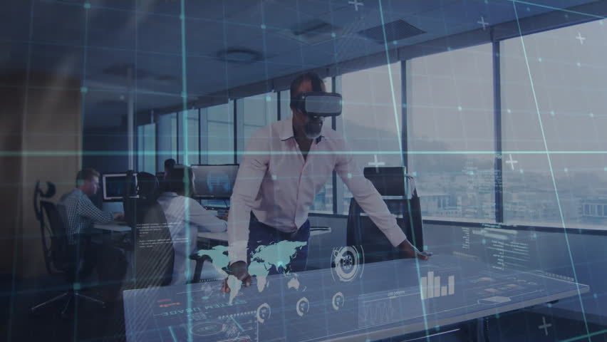 Businessman wearing VR headset touching table launching hologram map and 3D globe analyzing data. Technology, innovation, collaboration, data visualization, digital, futuristic, corporate - Powered by Shutterstock - Get 15% off with code: PIKWIZARD15