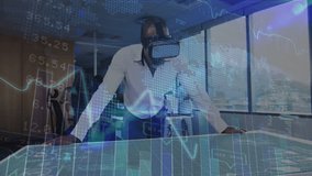 Analyst wearing VR headset leaning forward activating charts overlays in tech demo peer observing. Futuristic, innovation, collaboration, digital, technology, productivity, sleek - Powered by Shutterstock - Get 15% off with code: PIKWIZARD15