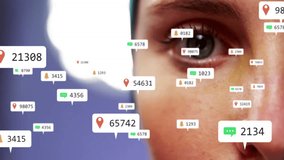 Woman receiving social media notifications showing overload with animated icons streaming over face. Digital, technology, futuristic, minimalism, communication, device-free, conceptual - Powered by Shutterstock - Get 15% off with code: PIKWIZARD15