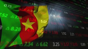 On startup Cameroon flag fluttering over digital green red stock tickers showing market shifts. Patriotism, innovation, finance, technology, digital, growth, stability - Powered by Shutterstock - Get 15% off with code: PIKWIZARD15