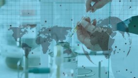 Lab scientist pipetting into analyzer behind transparent map barrier starting test on touchscreen. Science, technology, research, laboratory, precision, innovation, healthcare - Powered by Shutterstock - Get 15% off with code: PIKWIZARD15