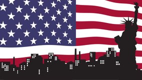 4th of July Fireworks with American Flag and Statue of Liberty. Features silhouette of the Statue of Liberty, a city skyline, and festive fireworks with star effects. - Powered by Shutterstock - Get 15% off with code: PIKWIZARD15