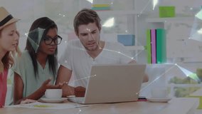 Team leaning, scrolling laptop as network graphics fading, rotating globe showing business analysis. Collaboration, teamwork, innovation, data visualization, brainstorming, digital networking, modern - Powered by Shutterstock - Get 15% off with code: PIKWIZARD15