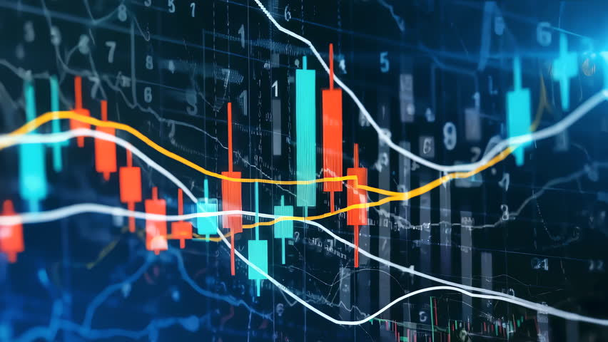 Static camera shot of fast-moving financial graph with animated candlesticks, pulsing trend line, and real-time data. Ideal for trading, fintech, investment content
