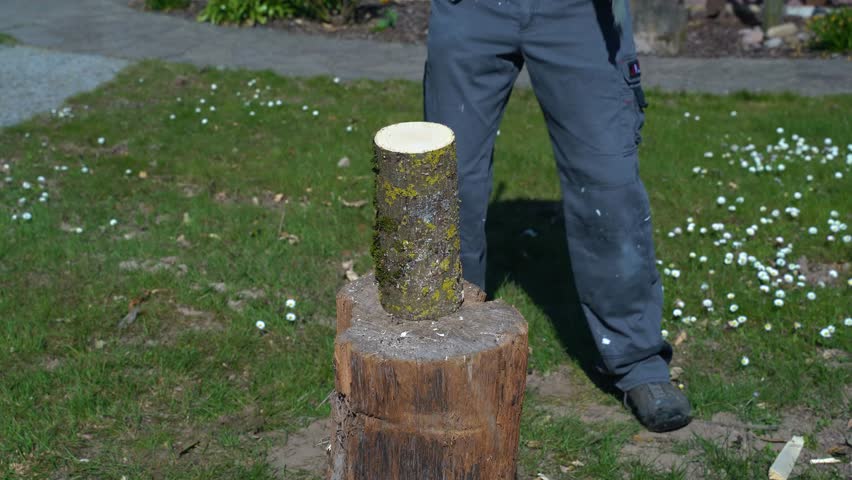 Chopping firewood with an axe and splitting block.