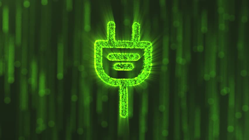 A glowing green plug icon is centered on a dark green, abstract, and digital background. The image evokes energy and technology.